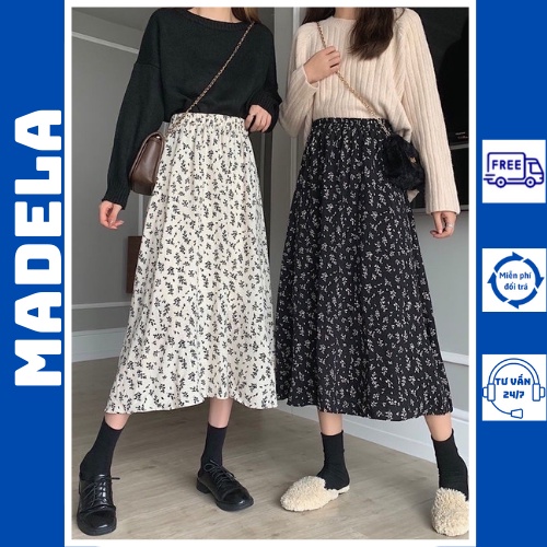 Chân váy hoa nhí dáng dài qua gối Madela kiểu dáng vintage, Váy hoa nhí dáng dài qua gối - CVHN11