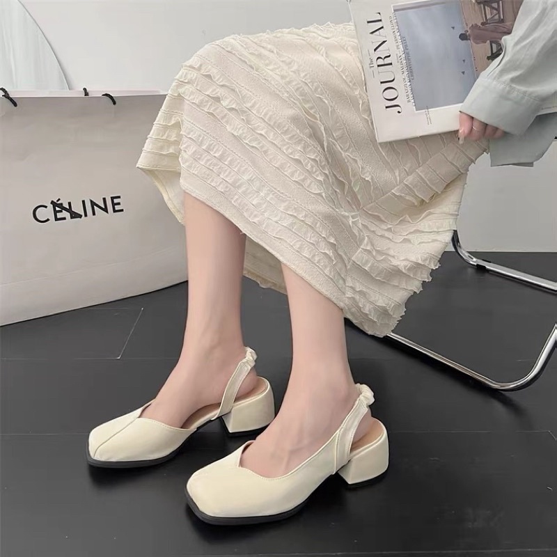 Giày cao gót phong cách retro Pháp đầu vuông dây co dãn dễ đi