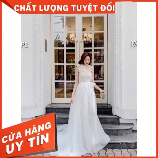 Đầm maxi dạ hội mặc cưới lệch vai kết cườm phối lông vũ siêu xinh - Size M/L (có ảnh/video thật) MS199V
