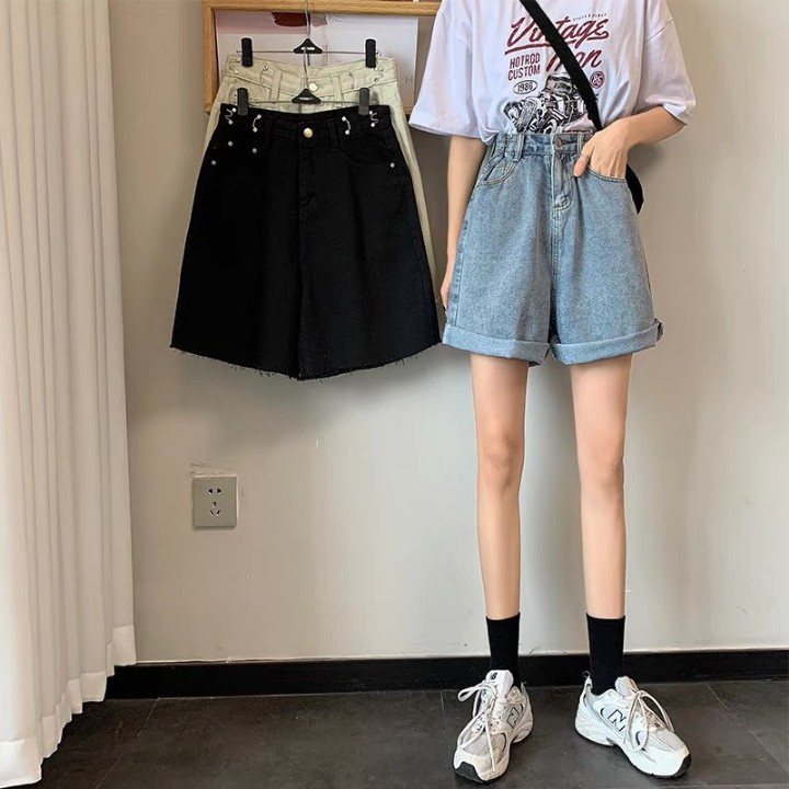 Quần Short Jean Nữ Gài Eo Ống Rộng Lưng Cao Unisex Form Ulzzang RÔ STORE QS13