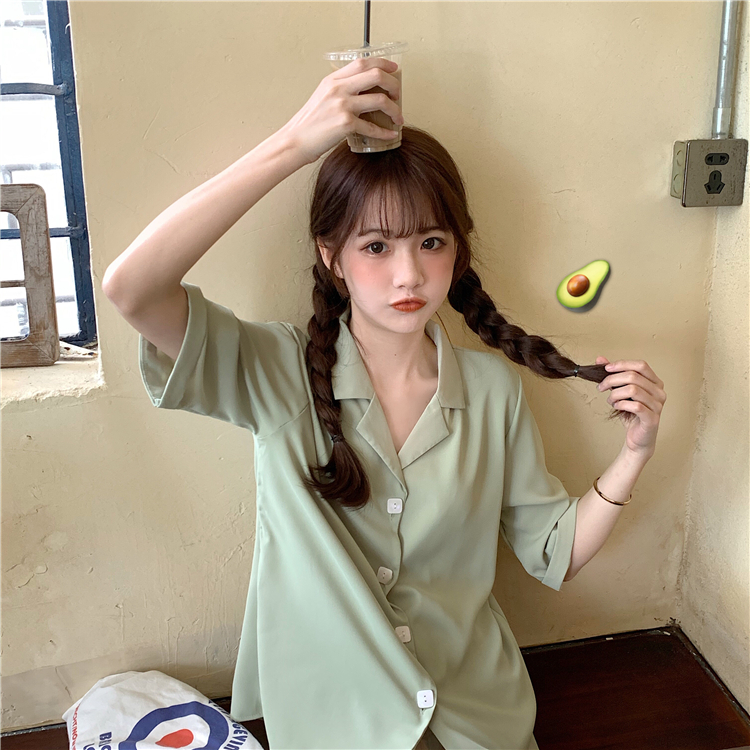 Áo sơ mi tay ngắn cổ polo phong cách retro Hàn Quốc cho nữ