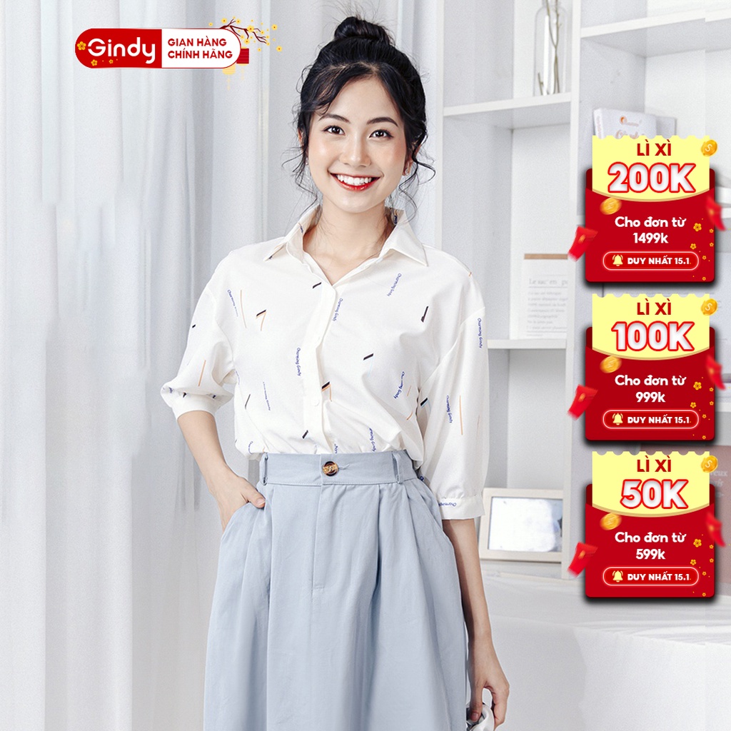 Áo sơ mi nữ tay lỡ GINDY cổ bẻ chất kate hoạ tiết Charming form rộng dáng suông thời trang xuân hè A6123