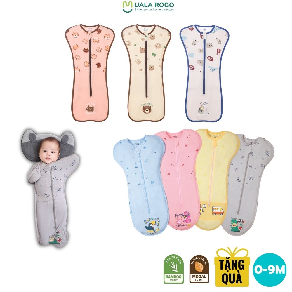 Nhộng chũn cho bé Uala rogo 0-12 tháng kéo khóa vải sợi tre Bamboo mềm mịn co giãn dễ mặc bỉm