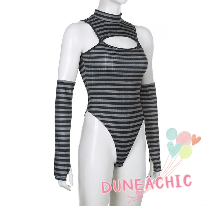 DUNEA Áo Liền Quần Cổ Cao Kẻ Sọc Kèm Găng Tay Quyến Rũ Cho Nữ