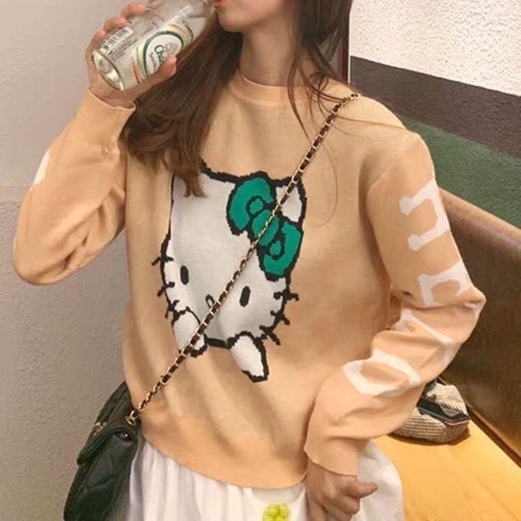 Hellokitty Áo Sweater Tay Dài Cổ Tròn In Hình Hello Kitty Đáng Yêu Cho Nữ