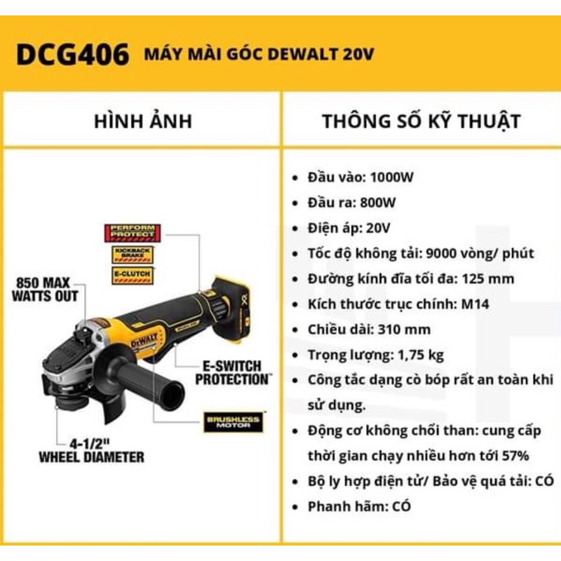 DEWALT DCG413B DCG406 Brushless - Thân Máy Mài Pin công tắc bóp 18 / 20V 100 - 115 / 125mm - Chính Hãng