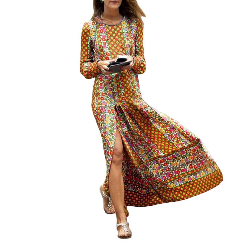 ZANZEA Đầm maxi dài xẻ tà in hoa văn nổi bật phong cách Vintage