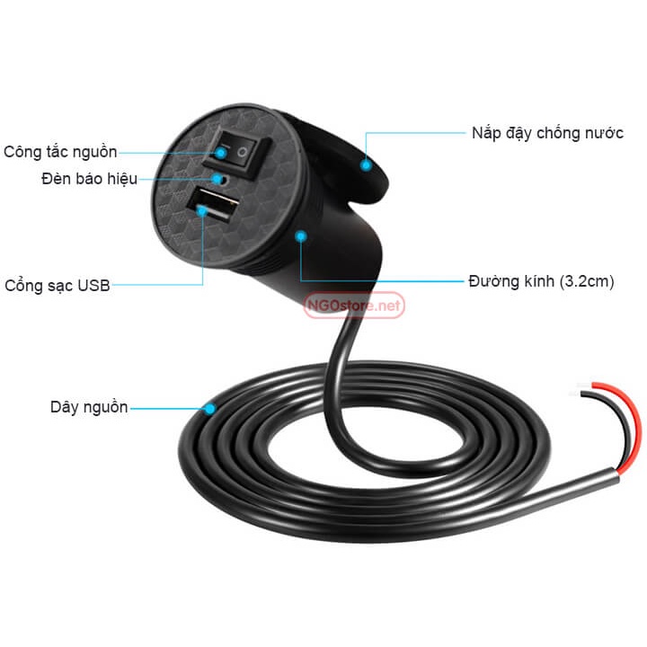 [FREESHIP] Bộ Sạc Điện Thoại Lắp Trên Xe Máy Xe Đạp Điện 1.5A Có Cổng Sạc