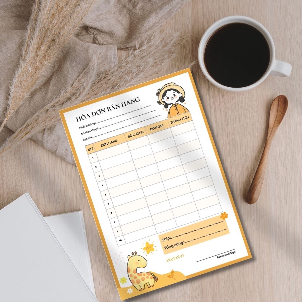 50 tờ hóa đơn bán hàng, Hoá đơn bán lẻ giấy photo hoạt ảnh mẫukhủng long vàng size 21x14.5cm