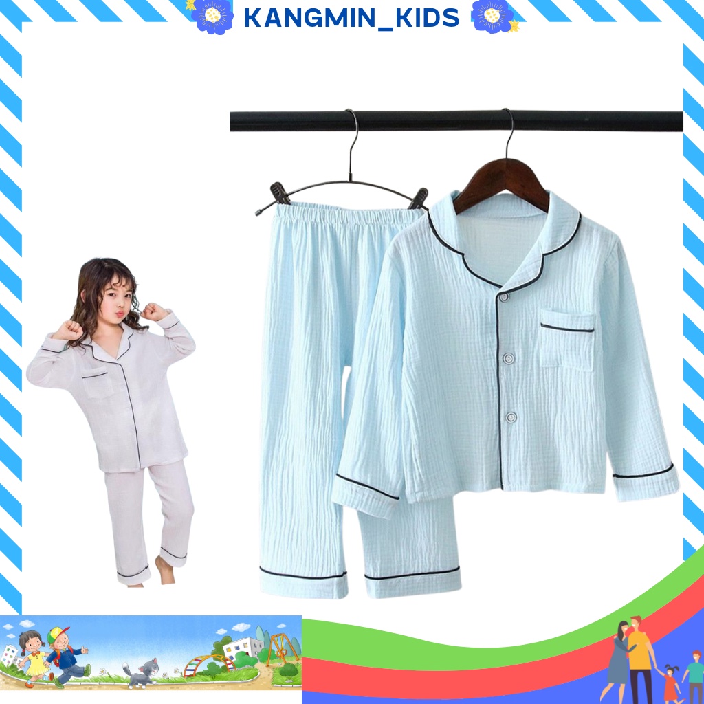 Bộ pijama cho bé trai bé gái Kangmin kids, bộ pizama cho bé trai chất đũi trơn dài QATET05, quần áo bé gái từ 7-27kg