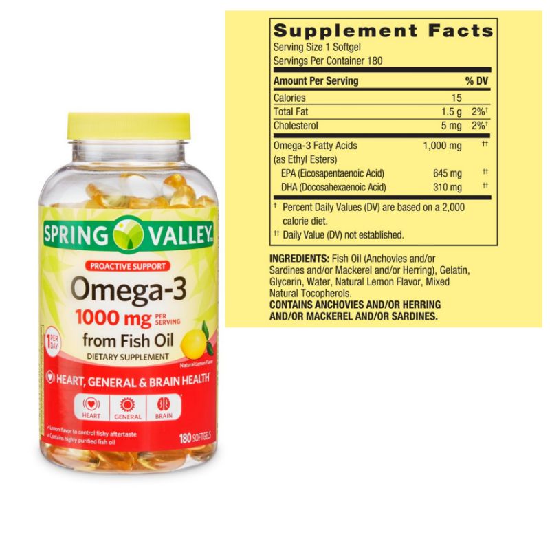 Viên Dầu Cá Siêu Cô Đặc Vị Chanh Spring Valley Omega 3 1000mg 180 Viên (645mg EPA/310mg DHA)
