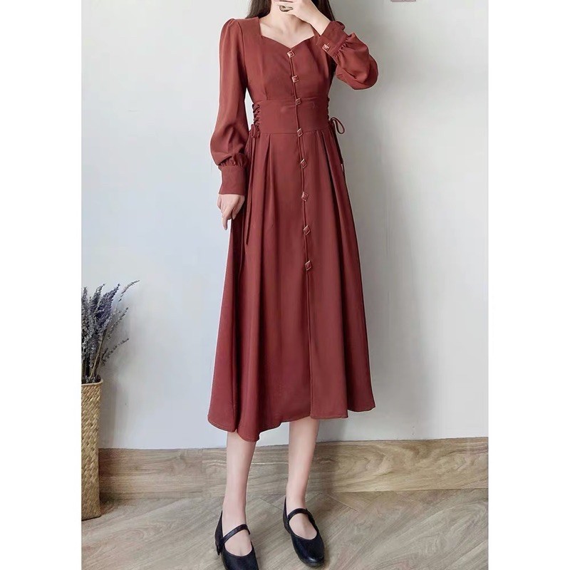 Đầm maxi tay dài cổ cách điệu cao cấp phù hợp đi chơi, đi tiệc cưới, đi dao phố cà phê - Thời trang VADA - V20 | BigBuy360 - bigbuy360.vn