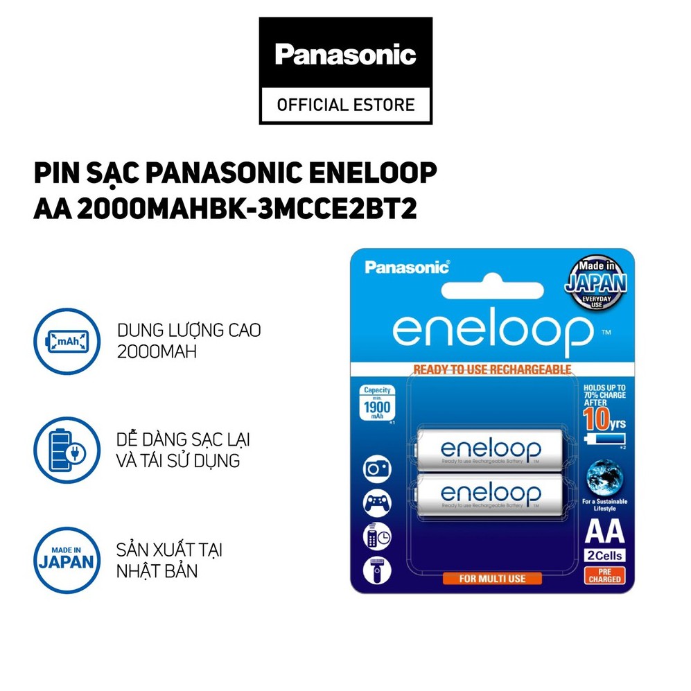 Pin Sạc Panasonic Eneloop AA 2000mah BK-3MCCE2BT2 (Vỉ 2 Viên) (Trắng) - Hàng Chính Hãng