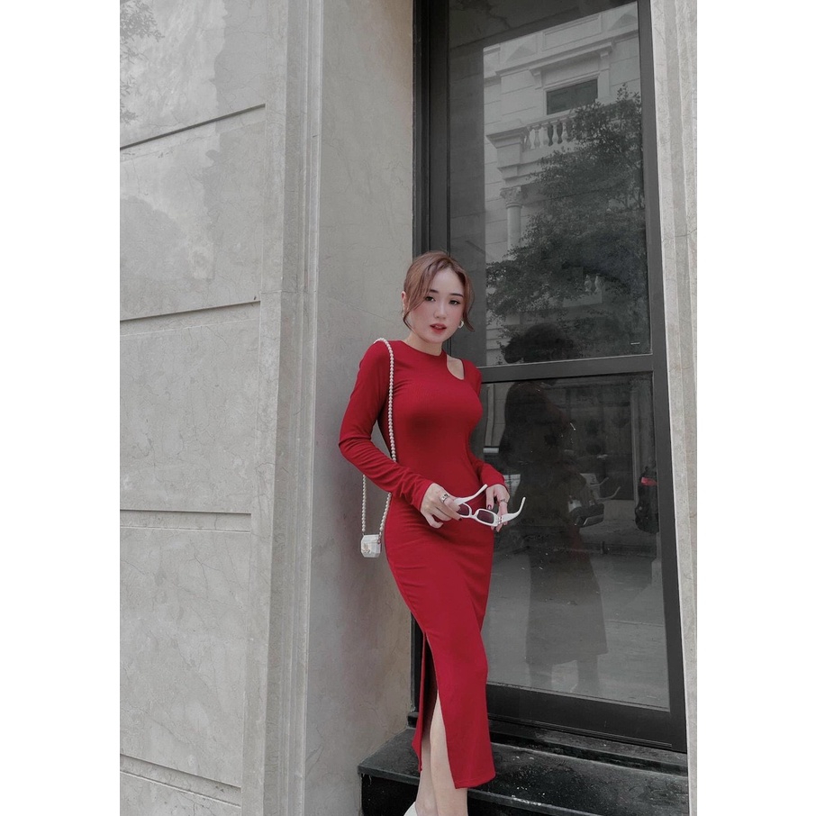 Đầm tay dài khoét xéo vai chất gân đẹp body đẹp dáng dài k