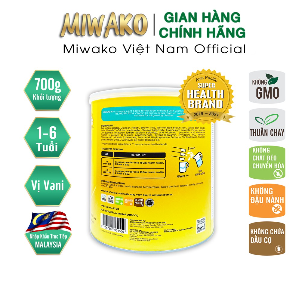 Sữa công thức thực vật hữu cơ Miwako A+ Vị vani - 700g - Malaysia