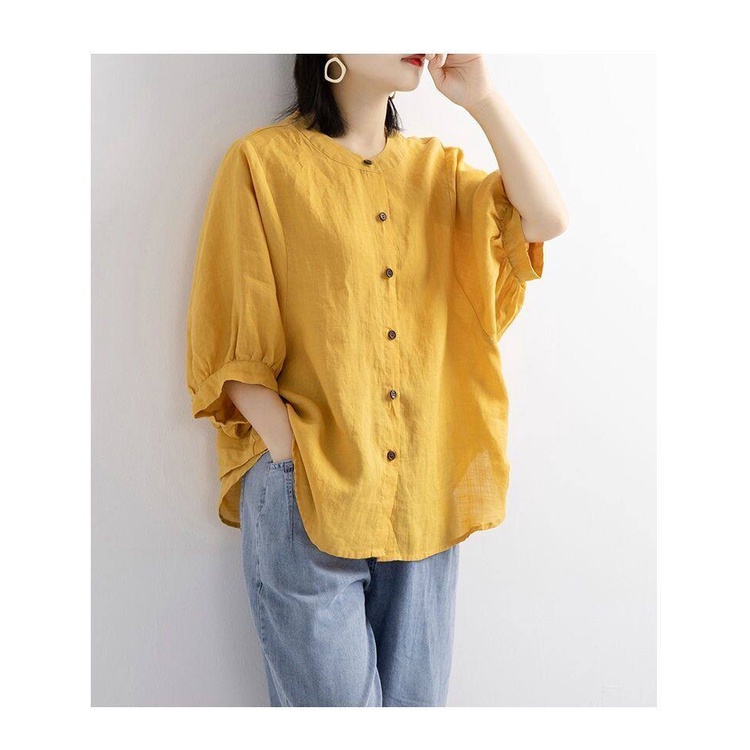 Áo Sơ Mi Tay Lửng Dáng Rộng Bằng Vải Cotton Lanh Thời Trang Mùa Hè 2020 Dành Cho Nữ