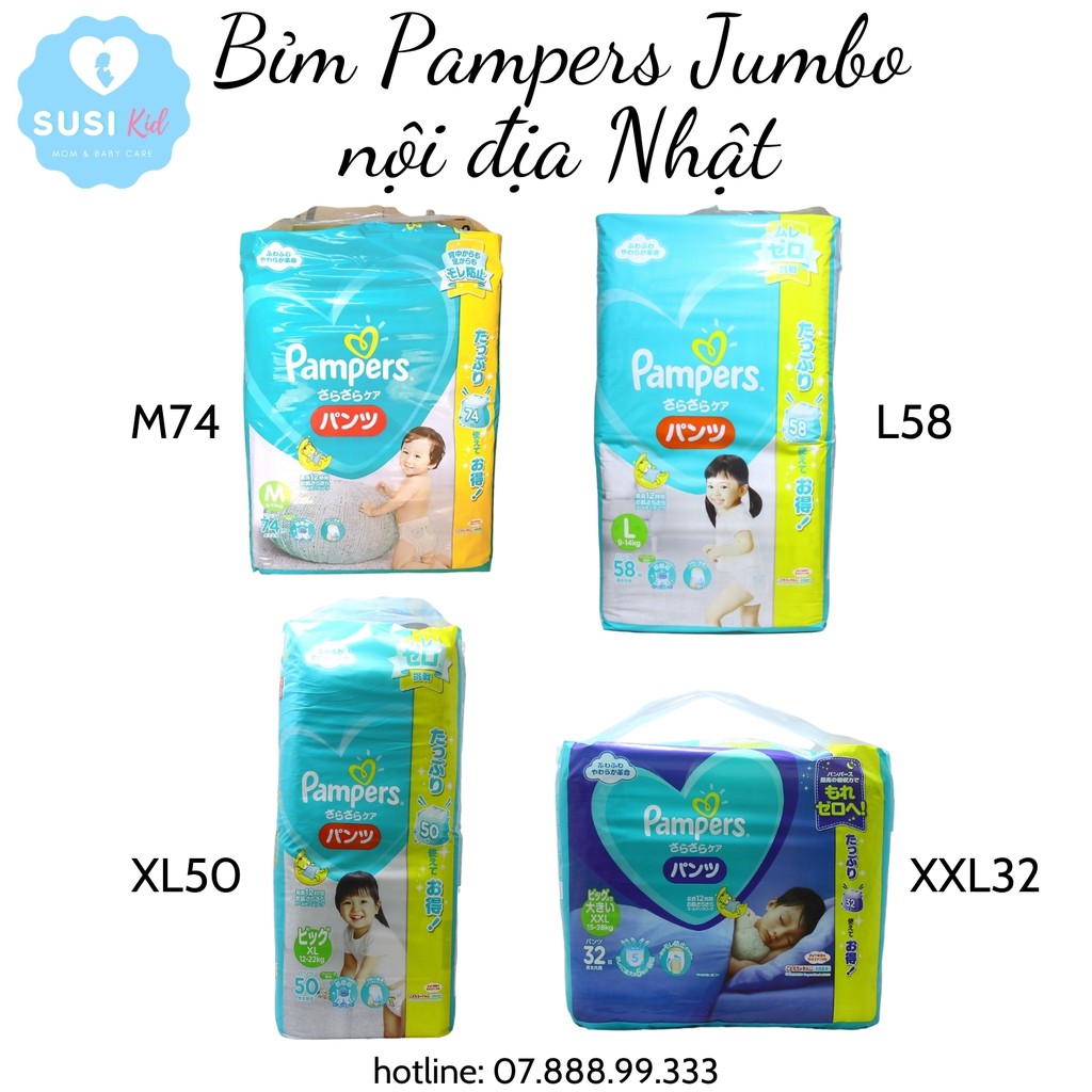 (JUMBO) Bỉm quần Pampers Jumbo nội địa Nhật size M74, L58, XL50, XXL32