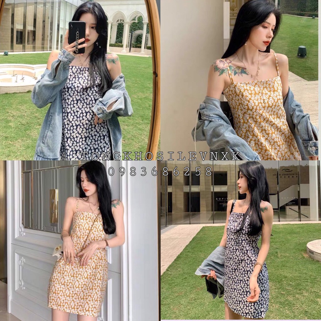 VÁY 2 DÂY HOA NHÍ XANH VÀNG HOT - VÁY VÀNG VINTAGE HOA CÚC MÀU PASTEL