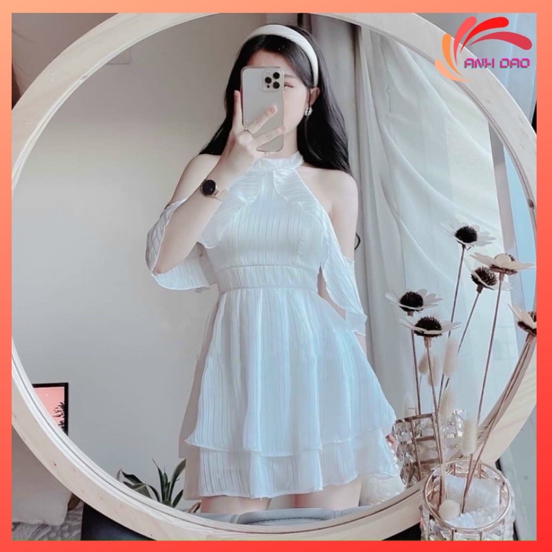 Váy đầm jum cổ yếm rớt trễ vai tay bèo sọc vải lụa kim tuyến V0103 màu trắng AĐ BOUTIQUE