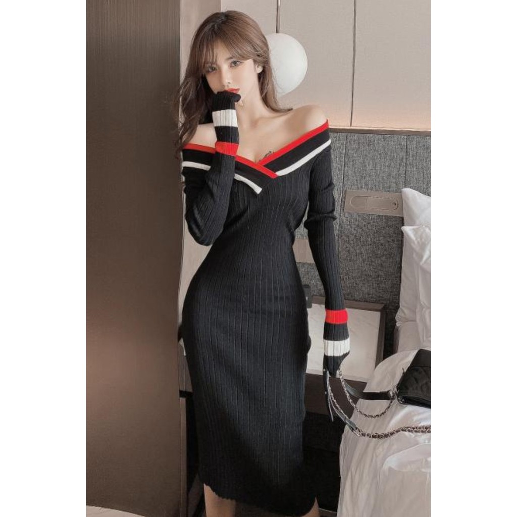 Đầm Len Tay Dài Cổ V Thời Trang Dành Cho Nữ