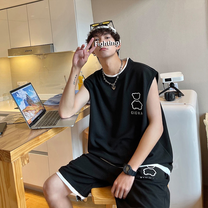Set Đồ Thể Thao Áo Ba Lỗ Phối Quần Short Dáng Rộng Màu Xanh Lá Thời Trang Mùa Hè Cho Nam