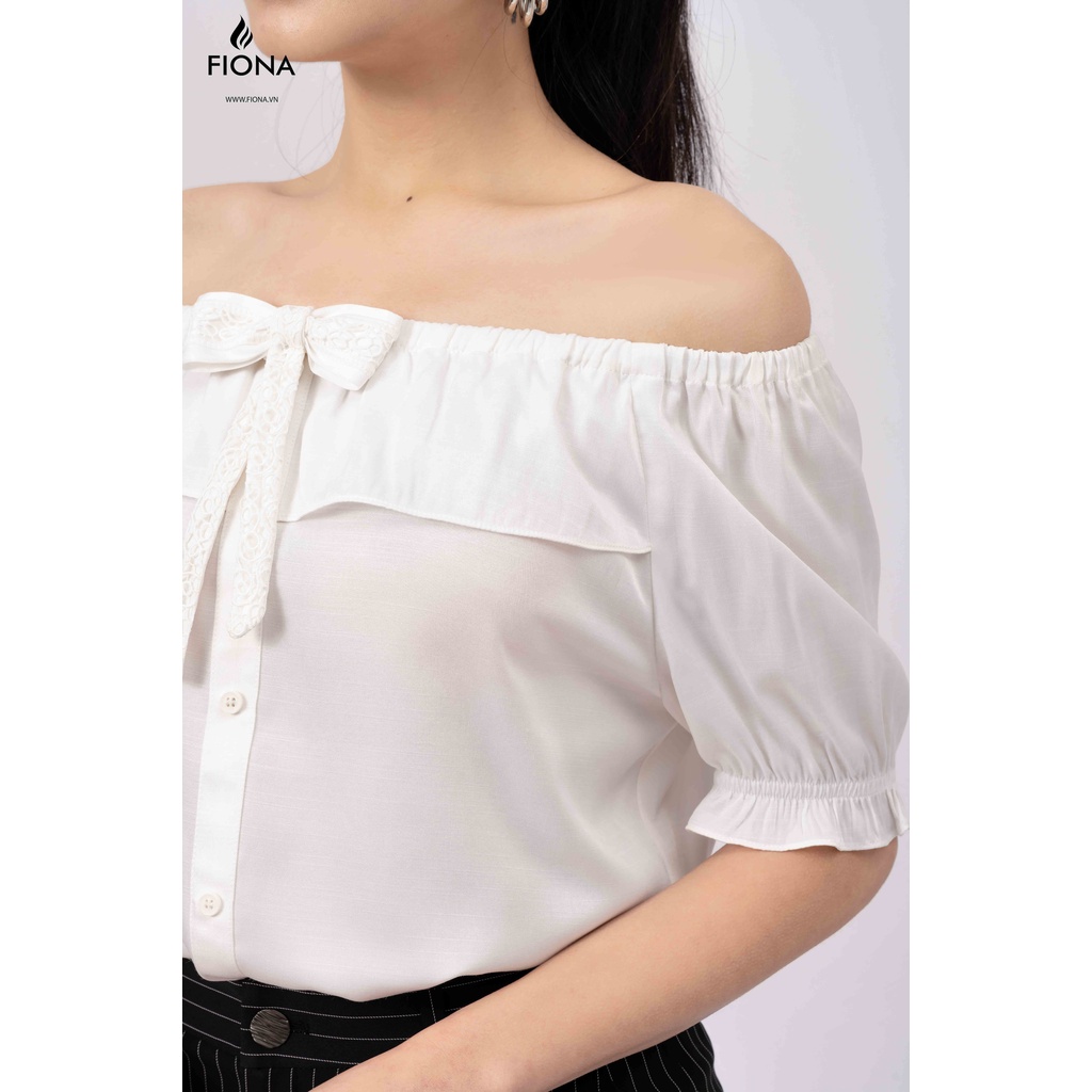 Áo sơ mi nữ trễ vai, cổ đính nơ, tay chun FIONA F551144