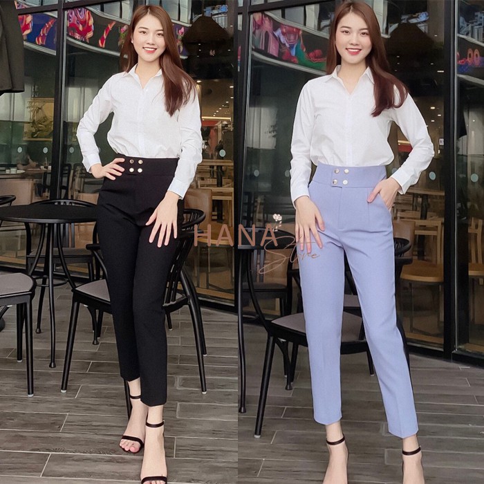 Quần baggy tây đen nữ cạp viền cao đi học làm công sở phối 4 cúc bấm - Dáng dài ống bằng - Vải tuyết mưa dày dặn mềm mịn