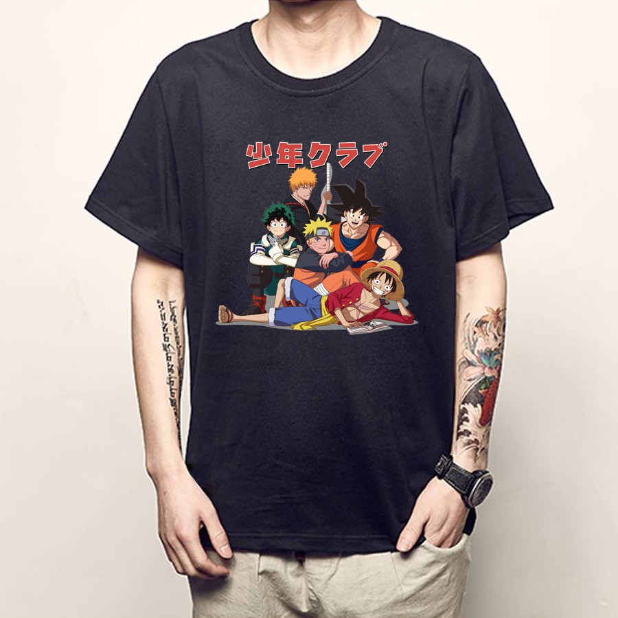 Áo thun Anime màu đen in hình Team Songoku Naruto Luffy - Form rộng AZ F2236