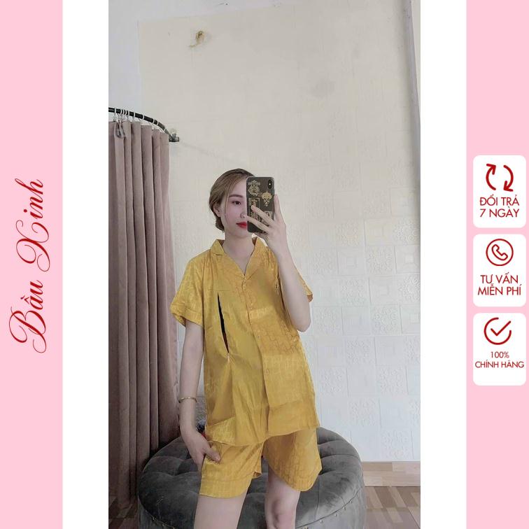 Bộ đồ bầu mặc nhà hè lụa mềm mát có cúc mở cho bầu mặc sau sinh thiết kế