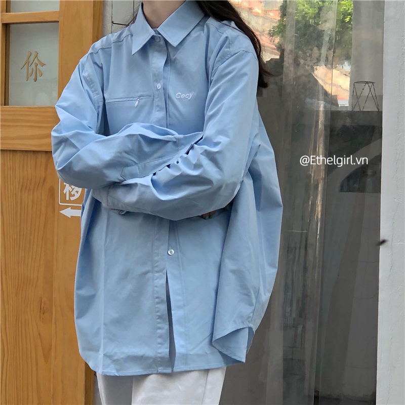 Áo sơ mi dáng rộng phong cách thời trang Hàn Quốc cho nữ