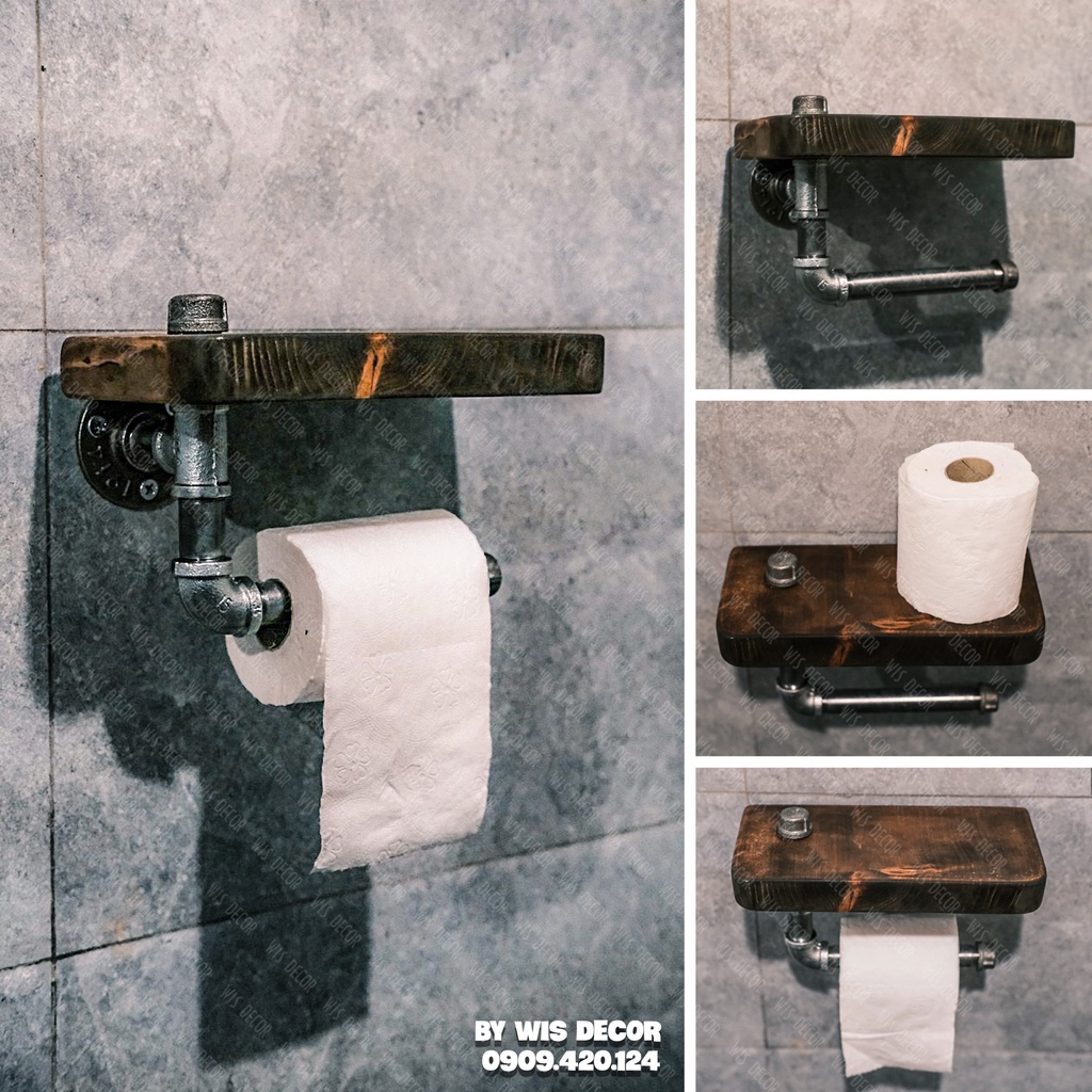 Kệ Giấy Vệ Sinh Gỗ Tự Nhiên Vintage - Khung Ống Nước Sắt Độc Đáo