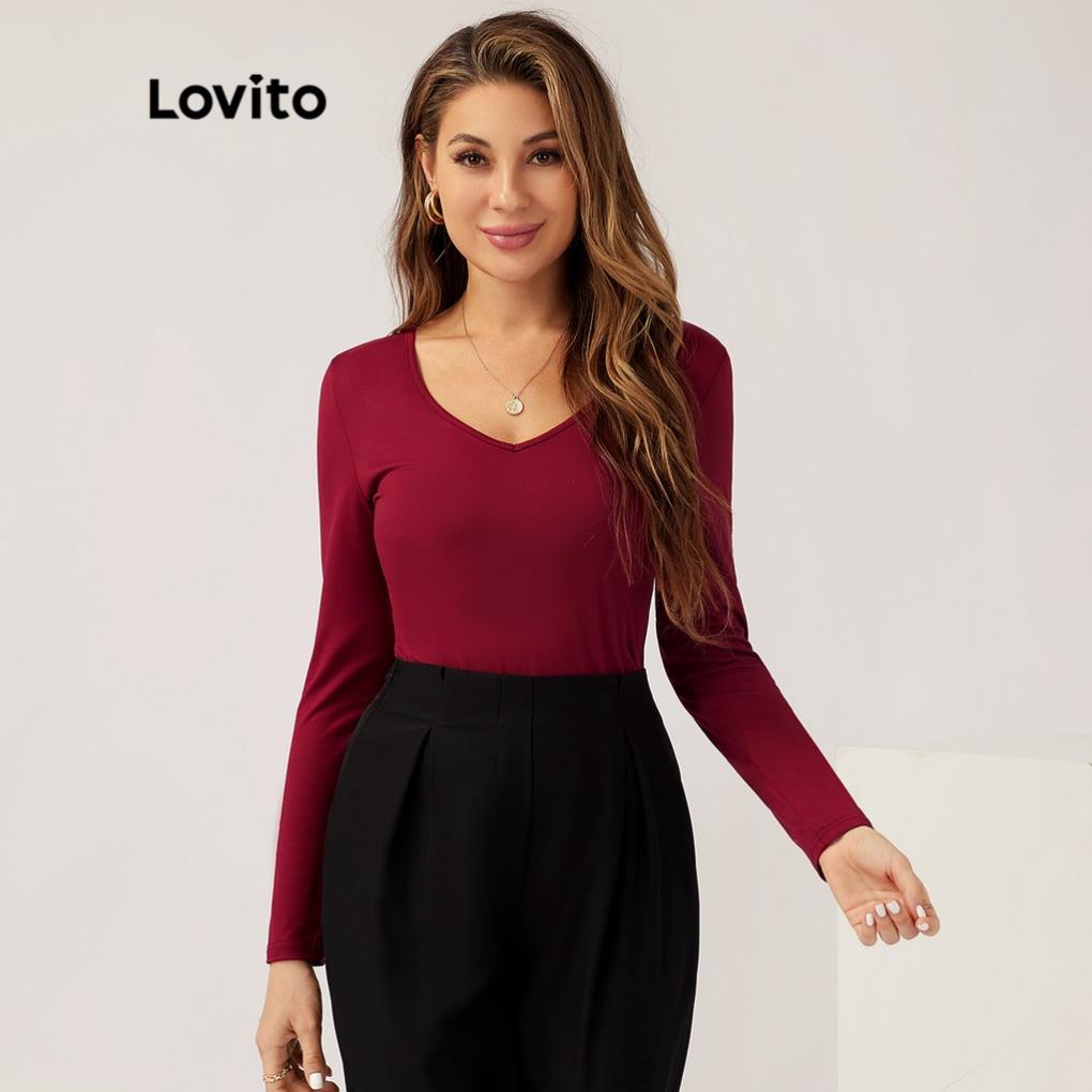 Lovito Áo phông dài tay trơn có cổ chữ V L21LT012 (Đỏ tía) !