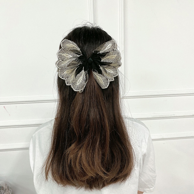 Kẹp Tóc Hình Nơ Phối Ren Đính Lông Vũ Phong Cách Retro Trung Hoa Mới