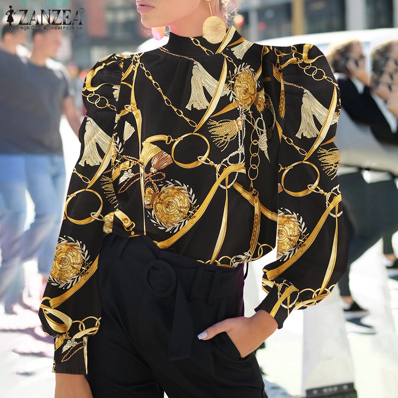 Áo sơ mi kiểu ZANZEA tay dài in họa tiết phong cách vintage thanh lịch thời trang dạo phố cho nữ