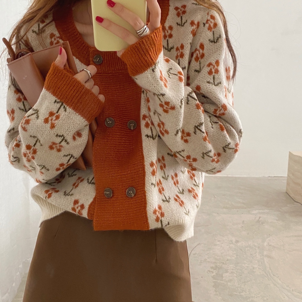 Áo cardigan len họa tiết boho hoa nhí