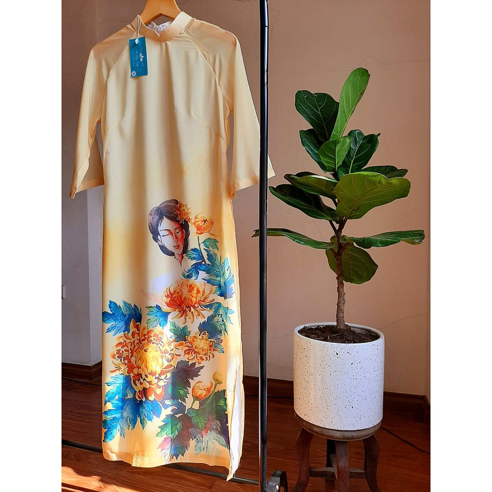 Áo Dài Cô Ba Họa Tiết Cô Gái Vàng ( Set Áo + Quần) | BigBuy360 - bigbuy360.vn