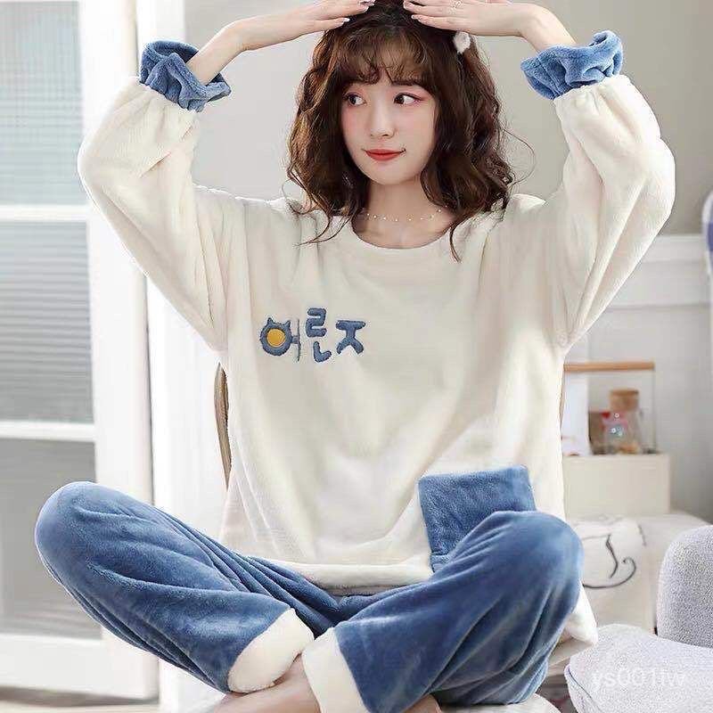 Bộ Đồ Ngủ Vải Flannel Phối Nhung Dày Ấm Áp Kiểu Công Chúa Thời Trang Xuân Thu Cho Nữ