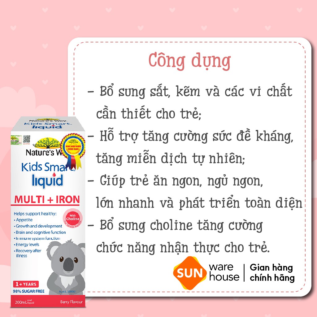 Siro Uống Nature's Way Kids Smart Liquid Multi + Iron Hỗ Trợ Nâng Cao Sức Đề Kháng Cho Trẻ 200ml