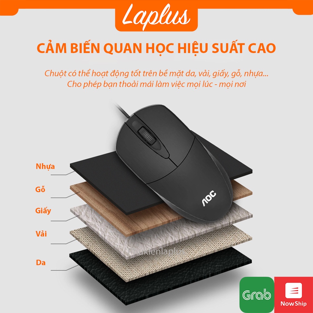 Chuột Máy Tính Cảm Biến Quang Học Hiệu Suất Cao Có Dây AOC MS121, 1200 DPI, Con Lăn Cao Su Chống Trượt