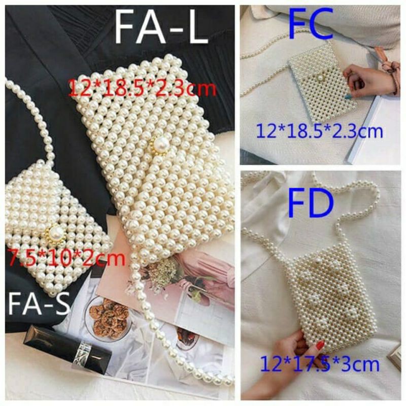 Túi xách đeo chéo dáng dài kết hạt cườm giả ngọc trai