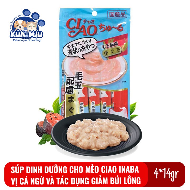Súp dinh dưỡng, súp thưởng cho mèo Inaba Ciao Churu gói 4 tuýp Vị Cá ngừ giúp giảm búi lông SC101 (giao hàng siêu nhanh)