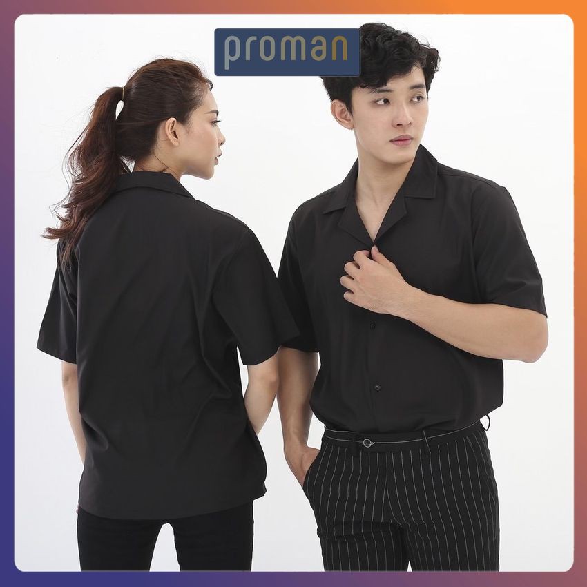 Áo Sơ Mi Trắng Đen Ngắn Tay Cổ Vest/ Đức Vải Lụa Đũi Nam Nữ Unisex - PROMAN