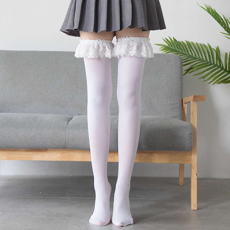 Vớ Nhung Dài Qua Gối Phối Ren Nhún Bèo Phong Cách Lolita Dễ Thương Cho Nữ