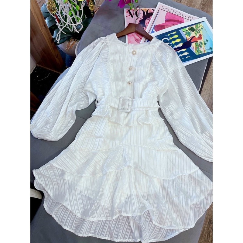 Đầm dự tiệc màu trắng bèo xếp tầng kèm belt siêu hot | BigBuy360 - bigbuy360.vn