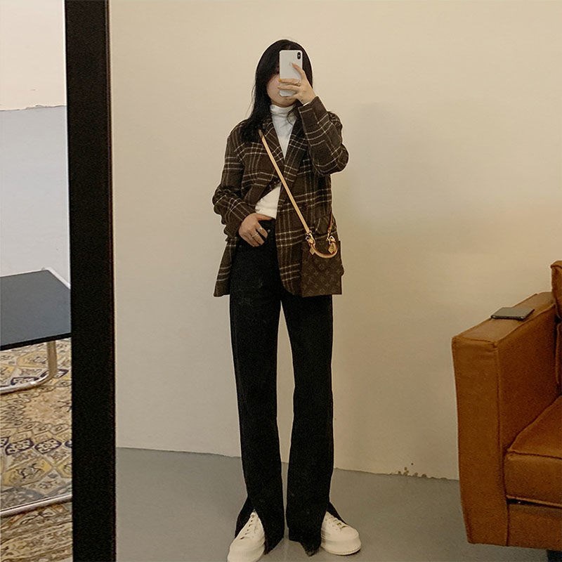 SUXI Quần jean dài lưng cao ống rộng phong cách Hàn Quốc thời trang mùa thu dành cho nữ