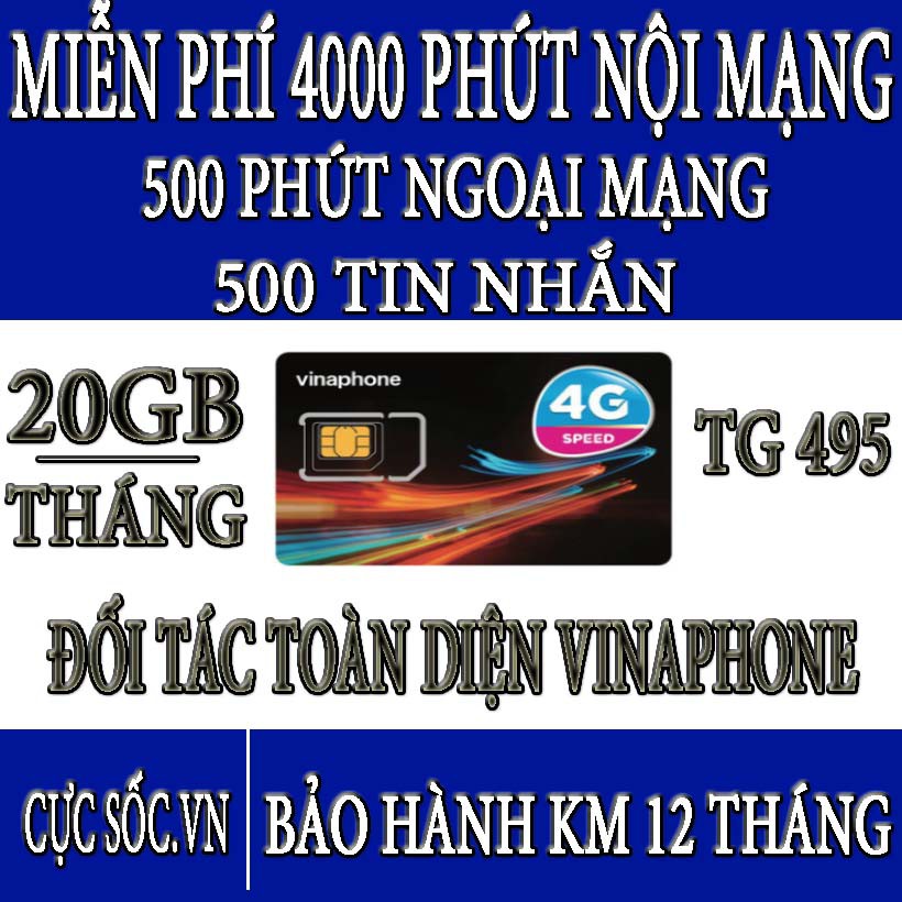 Sim 4G Vina Vinaphone TG495-Tặng 20GB/Tháng + Nghe Gọi,Nhắn Tin Miễn Phí