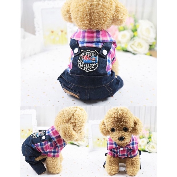 Quần áo thú cưng - quần yếm jeans dạng liền phối áo sọc caro phong cách năng động xì tin cho chó mèo