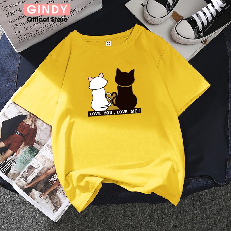 Áo phông cổ tròn nữ dáng unisex GINDY COUPLE CAT basic tay lỡ in hình chất  thun lạnh co giãn 4 chiều A068