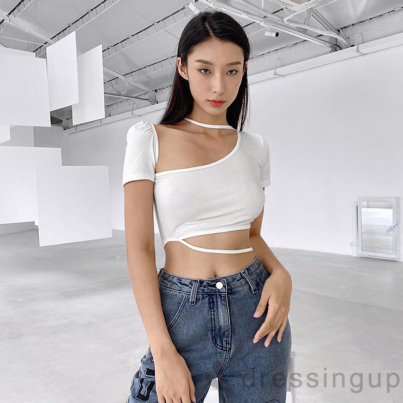 Áo Kiểu Tay Ngắn Màu Trơn Cổ Lệch Thời Trang Dành Cho Nữ