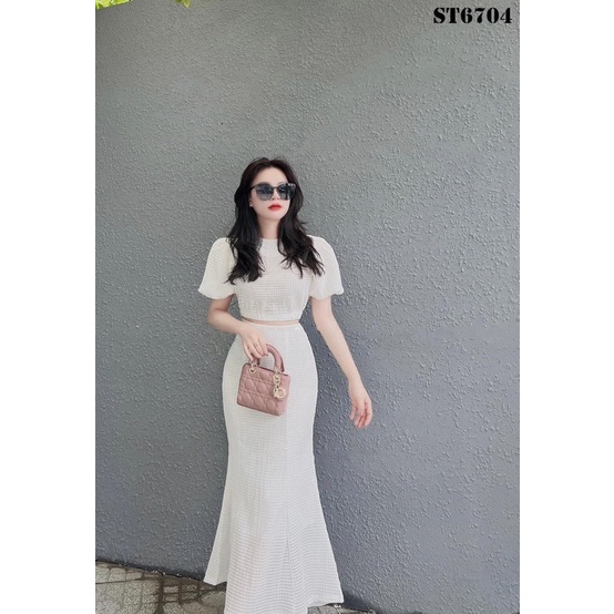 Set xốp áo croptop tay phồng mix chân váy đuôi cá trắng